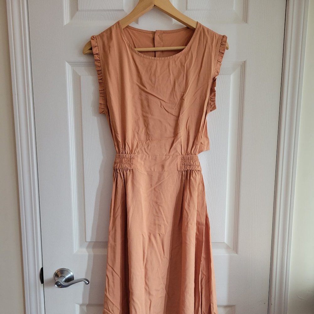 Pink Sleeveless Midi A-line Dress Button Up Cutout Back